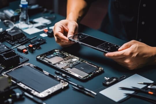 Técnico especializado consertando celular na Lojinha do Celular
